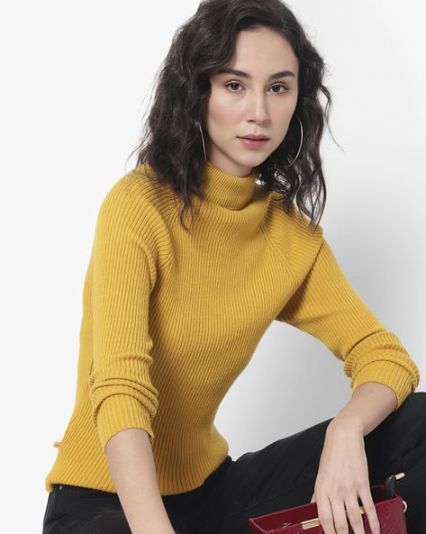 Ribbed Turtle-Neck Pullover with Raglan Sleeves