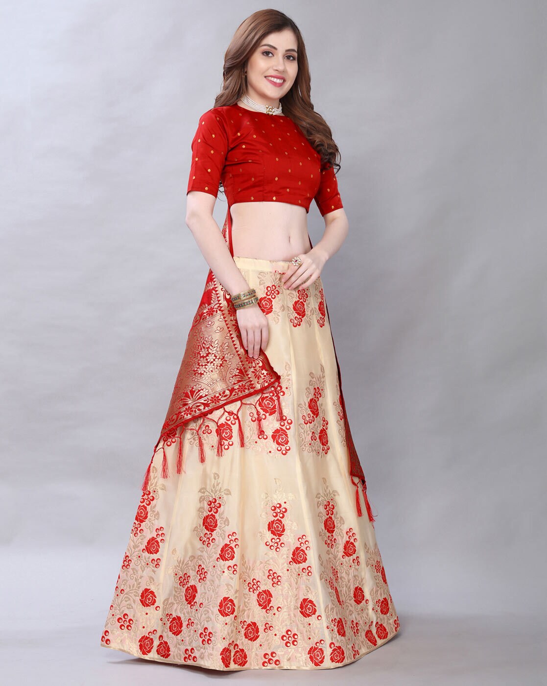 Seraphic Cream Lehenga Choli Red Blouse In Chikankari INSPMAY224 –  ShreeFashionWear