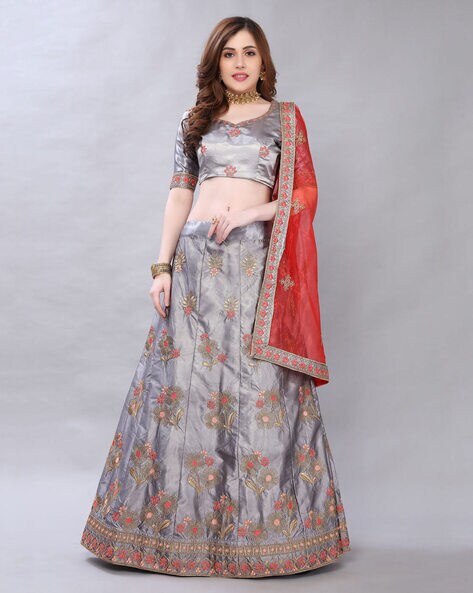 Grey & Orange Printed Embroidered Lehenga With Blouse Design by Salian By  Anushree at Pernia's Pop Up Shop 2024