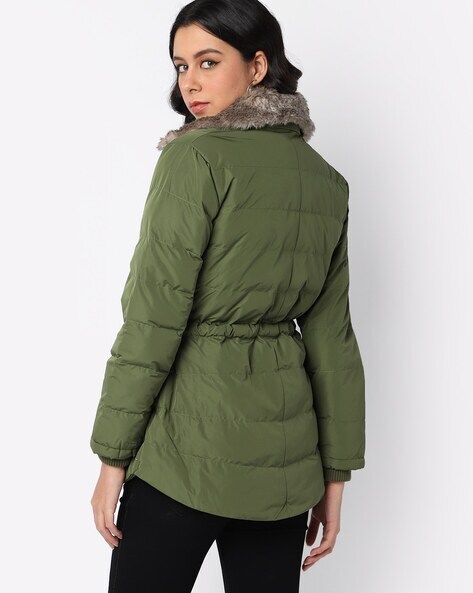 Olive green winter store coat with fur hood