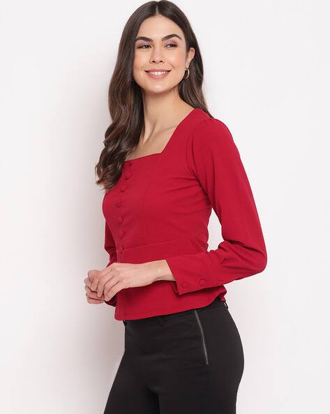 red square neck long sleeve top