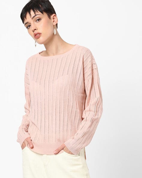 Schiffli Panelled Round-Neck Pullover with Drop Shoulder Sleeves