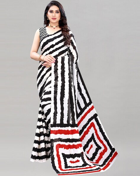 red and white striped saree online