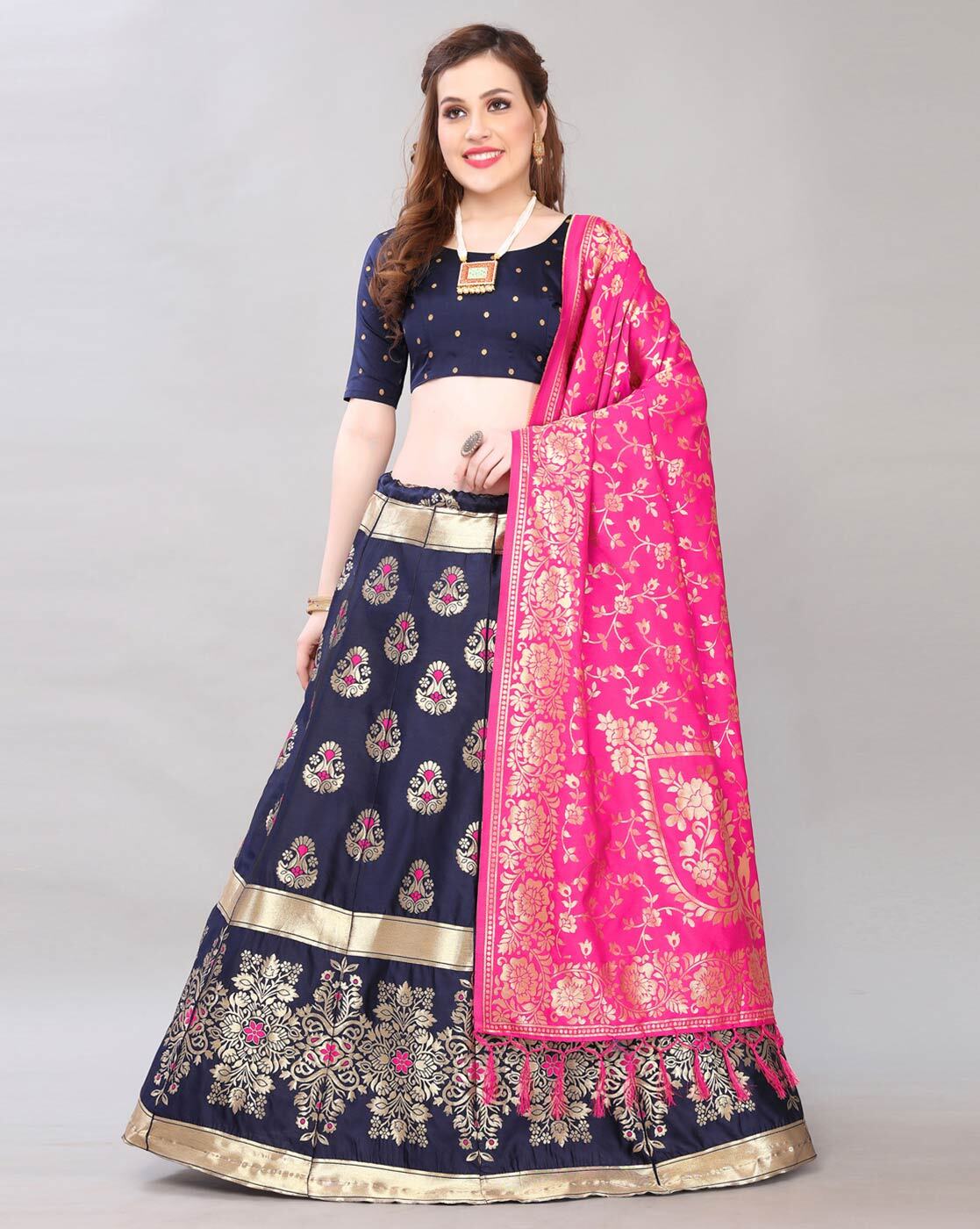 Navy blue lehenga with pink choli & on sale dupatta