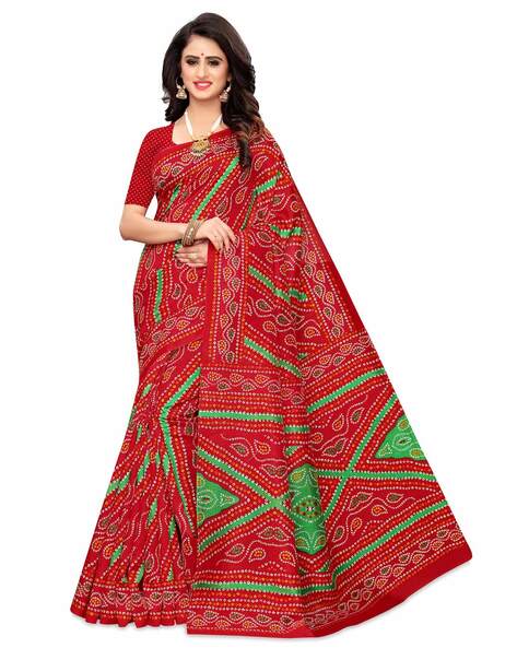 Orange/Red Chiffon Chunari Printed Saree With Unstitched Blouse For Women