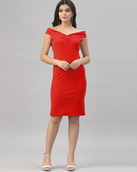 Crimson Off-the-shoulder Half Sleeve Short Dress - Promfy