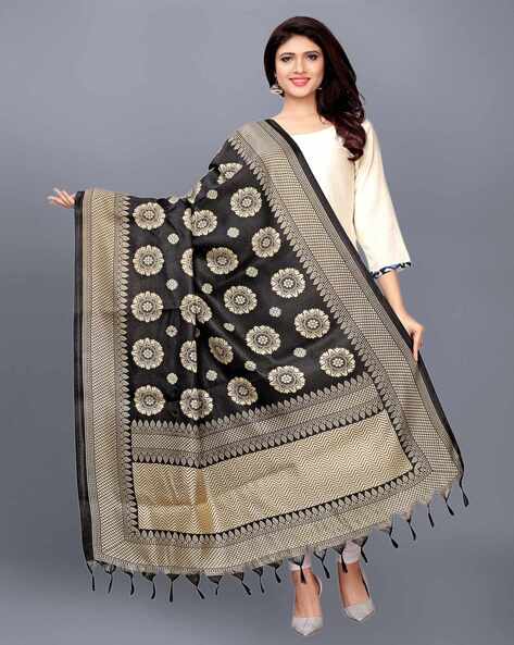 Floral Woven Dupatta with Tasseled Border Price in India