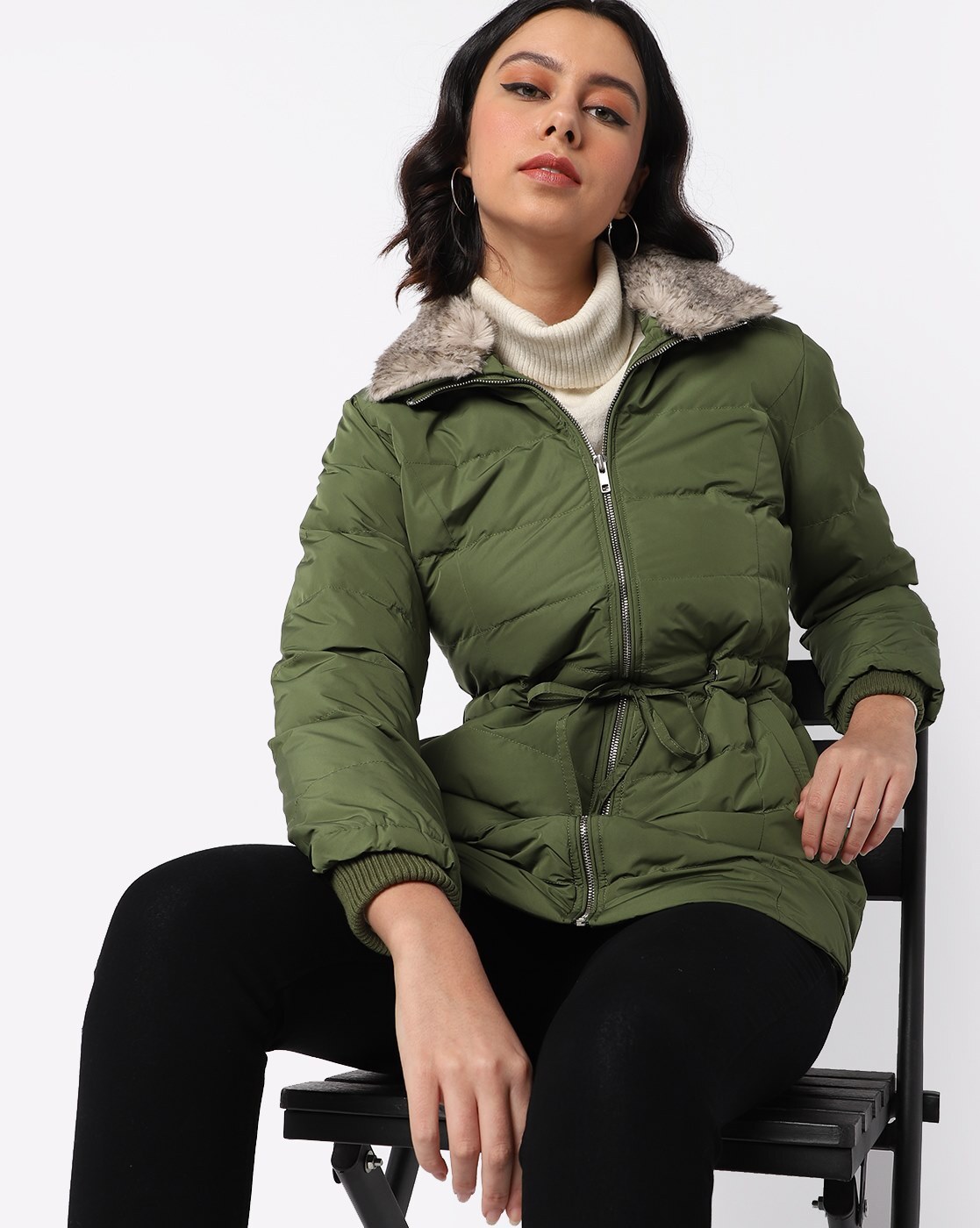 olive green puffer coat with fur hood