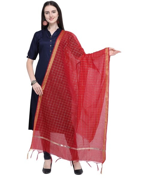 Checked Dupatta with Contrast Border