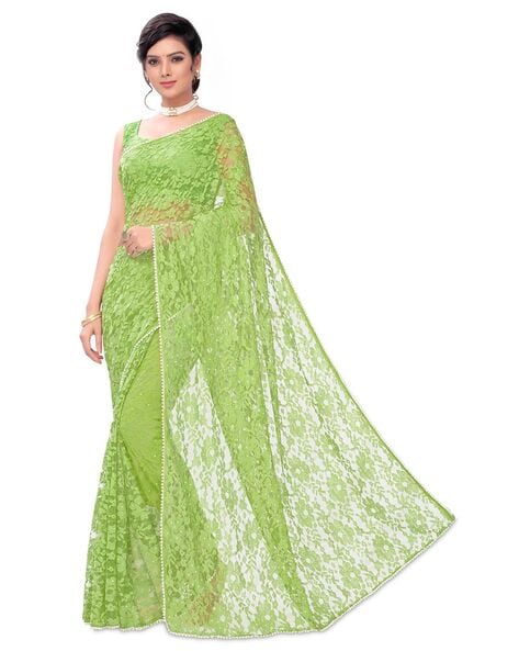 Parrot Green Silk Embroidered Saree with Designer Blouse