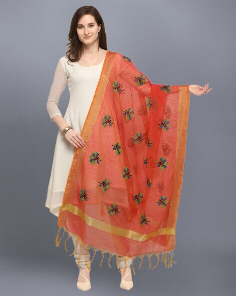 Floral Embroidered Dupatta with Contrast Border