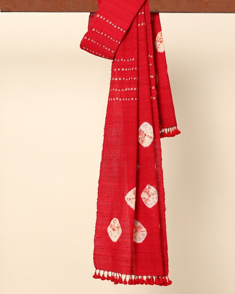 Kutch Handloom Silk Wool Bandhani Shawl with Tassels 80" x 24" Price in India