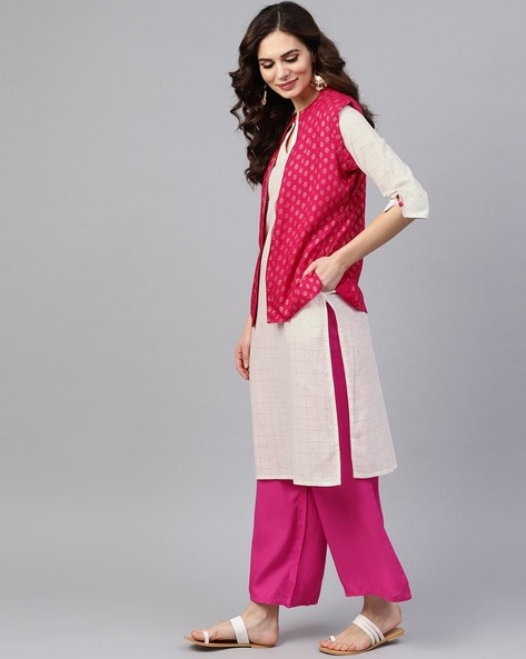Buy White & Blue Printed Jacket Style Kurta online | Looksgud.in