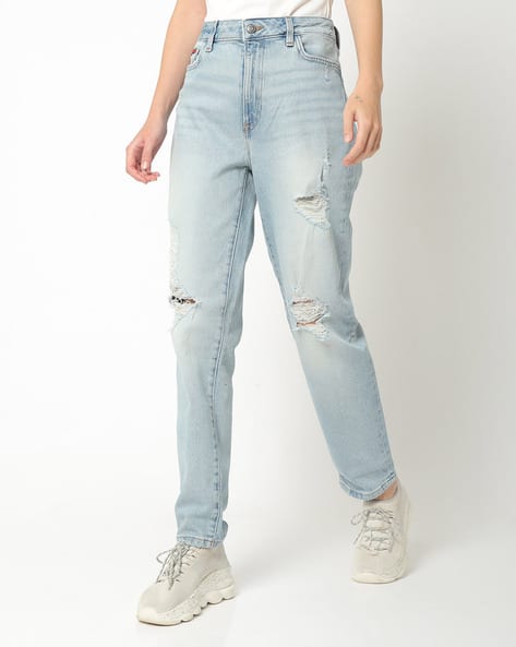 Lightly Washed Distressed Straight Fit Jeans - Main Image