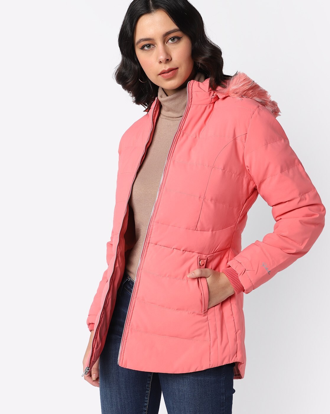 light pink coat with fur hood