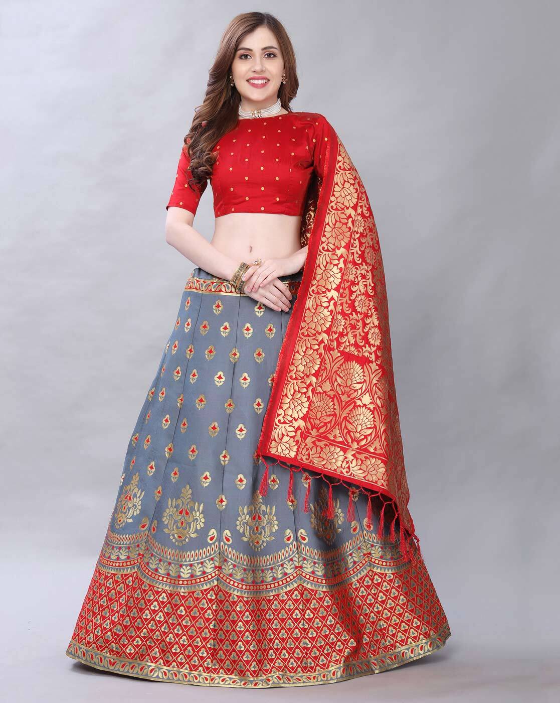 Graceful Light Grey Crepe Lehenga with Zari Work and Net Dup