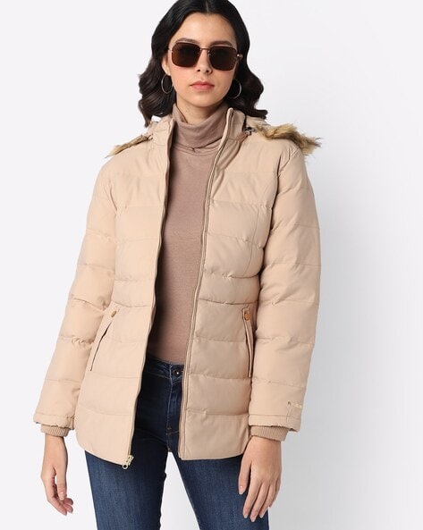 beige fur hooded coat