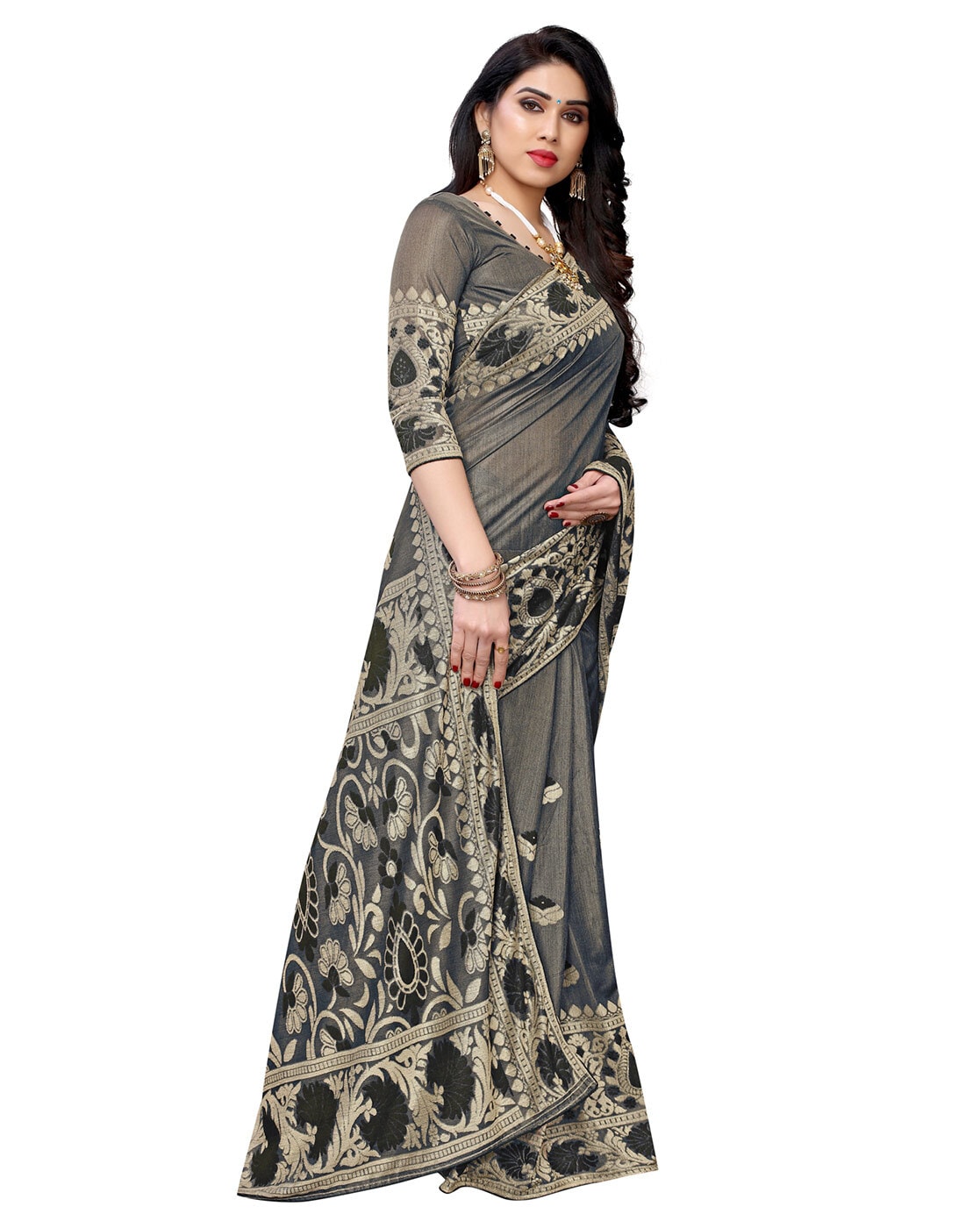 Olive Green & Silver-Toned Printed Ready to Wear Lehenga & Blouse With