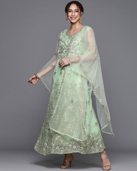 Embroidered 1-Piece Semi-Stitched Anarkali Dress Material Price in India
