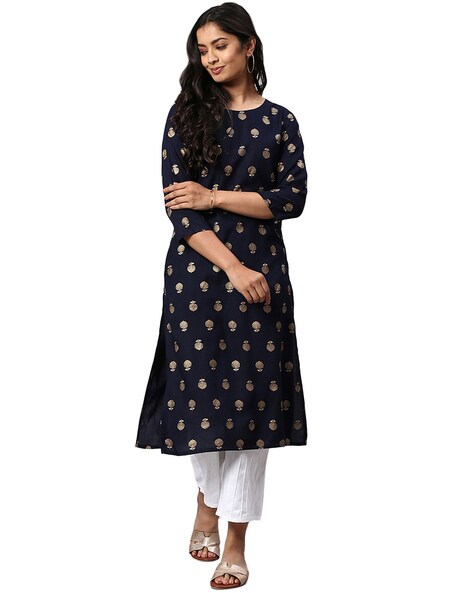 Buy online M2r Printed Cotton Blend Mandarin Collar Neck Kurti For Women  from Kurta Kurtis for Women by M2r Apparel for ₹909 at 55% off