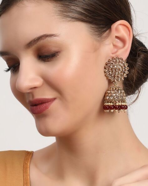 Gold & Maroon Kundan & Pearl Jhumka – Titli Design