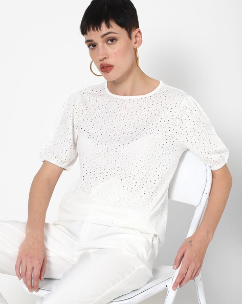 Schiffli Top with Puff Sleeves