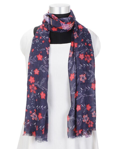 Floral Print Scarf with Frayed Hemline Price in India
