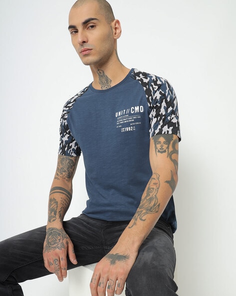 WROGN Men Blue & Silver-Toned Brand Logo Printed Applique Pure Cotton  T-shirt - Price History