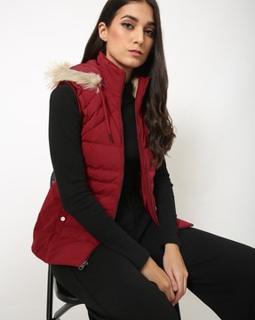 Quilted Zip Front Jacket with Detachable Hood