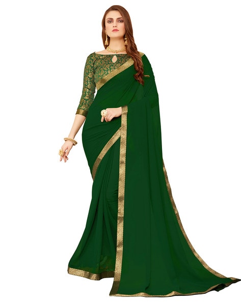 Green chinon plain saree with heavy embroidery sequince work blouse & lace border  saree with blouse - Lilots - 4165936