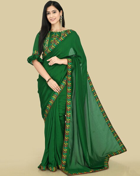 GREEN KHUN SAREE WITH BANARASI COMBINATION AND YELLOW BORDER –  ShopBollyWear.Com