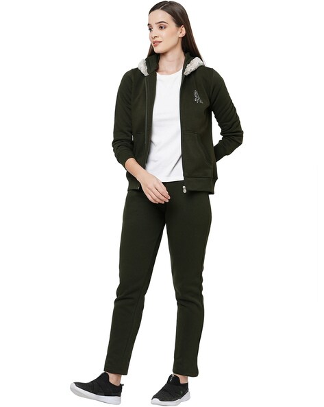 Buy Olive Solid Zipper Tracksuit for Women