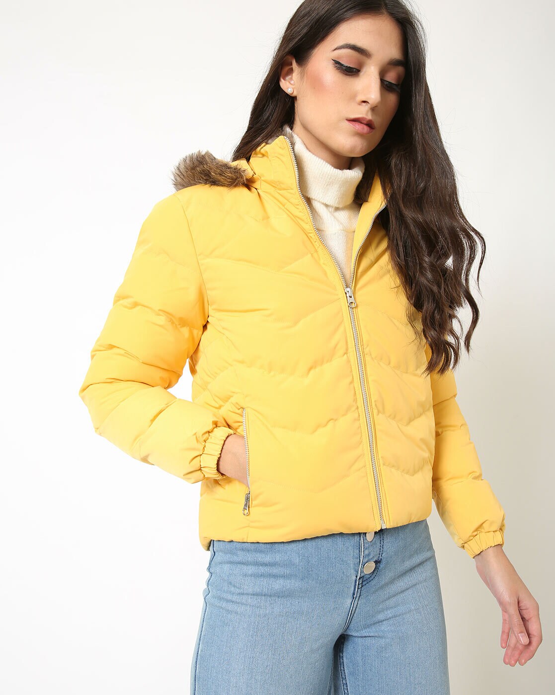 mustard puffer jacket with fur hood