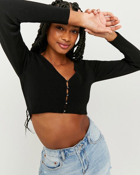 Womens Black Long Sleeves Cropped Cardigan Button Down Knit V-Neck Crop Top  at  Women's Clothing store