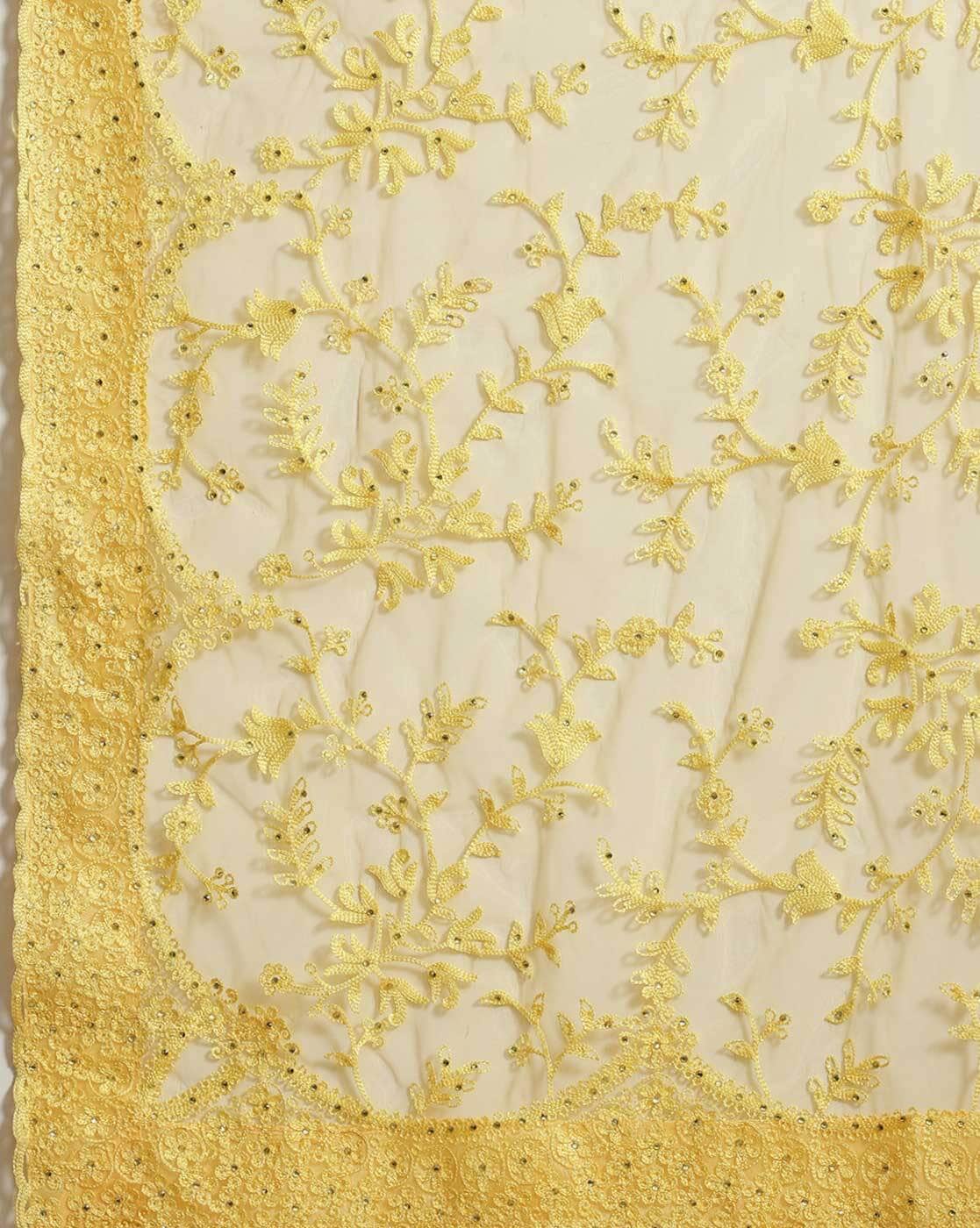 Yellow Colored Beautiful Embroidered Net Saree With Dimond Work