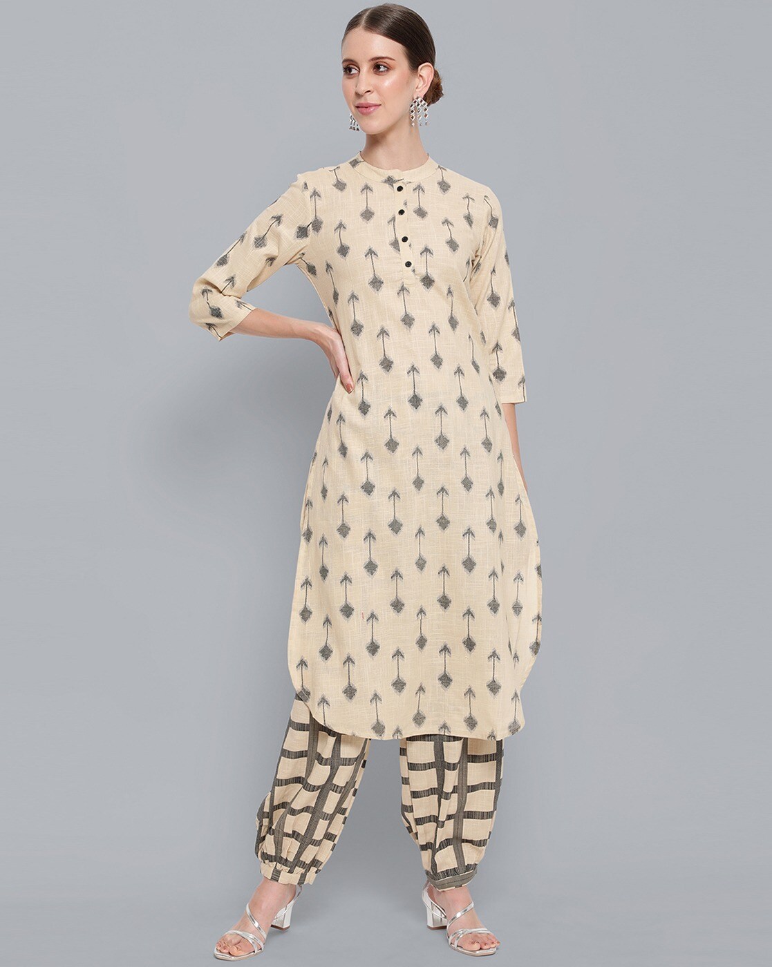 geometric print straight kurta set