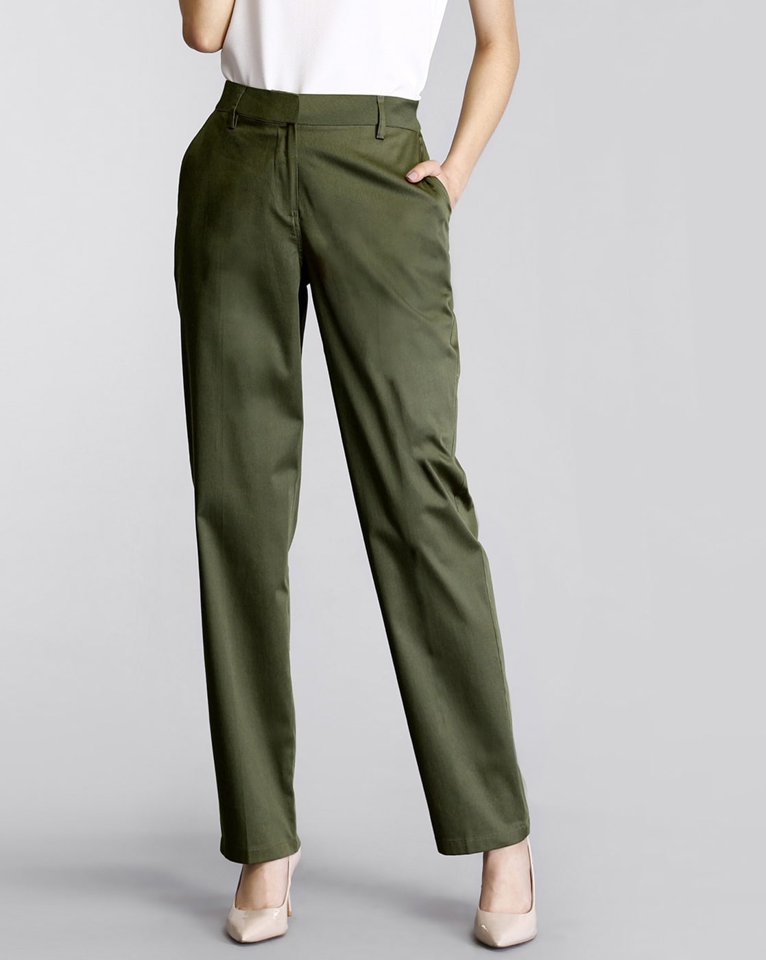 Polyster Plain Women Olive Green Regular Fit Solid Cropped Peg Trousers