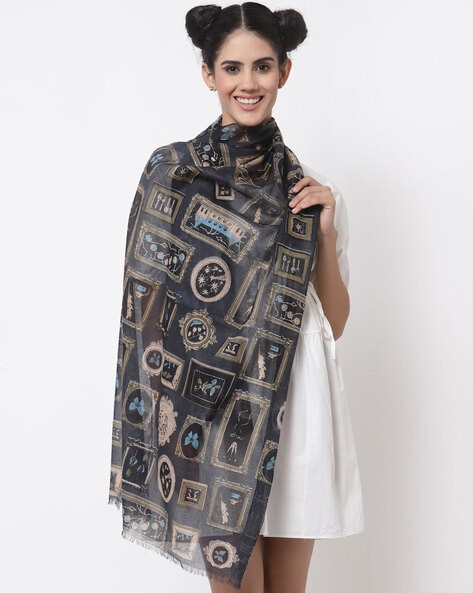 Graphic Print Stole with Frayed Hem Price in India