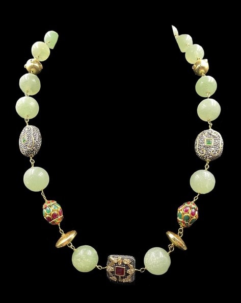 Green Pumpkin Jade Necklace with 22k Gold Beads