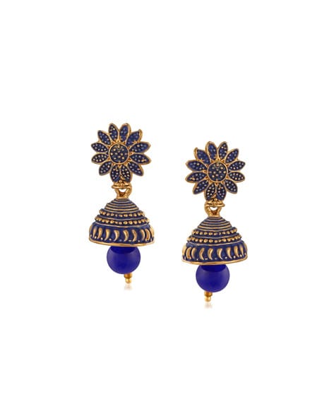 Navy Blue Pearl Studded Ear Studs And Pearl Drop German Silver Jhumka -  Binnis Wardrobe Wardrobe - 2948075