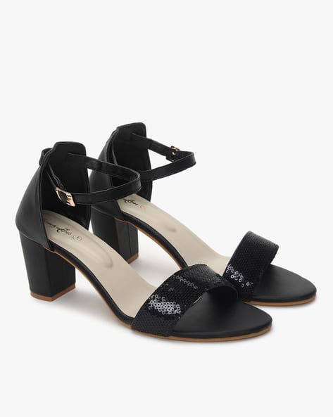 Sequinned Chunky Heels with Ankle-Strap
