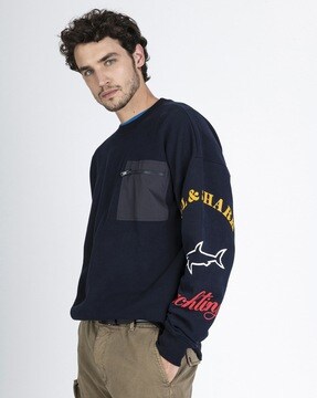 Buy BOSS Logo Embroidered Crew-Neck Sweatshirt | Blue Color Men