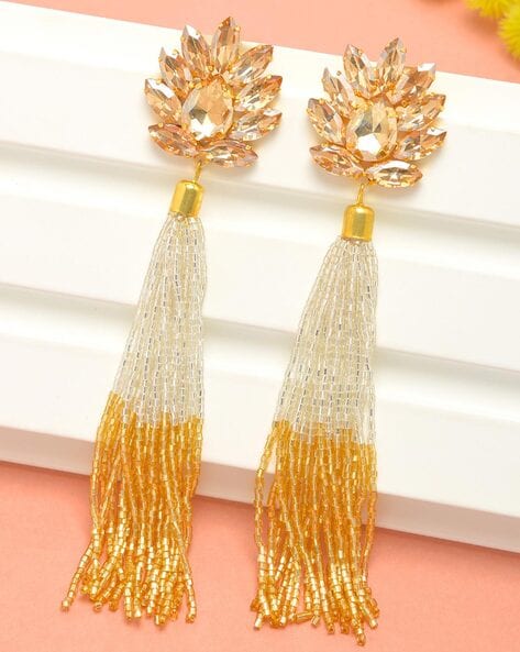 YouBella Peach-Coloured Gold-Toned Stone-Studded Tasselled Floral Drop  Earrings