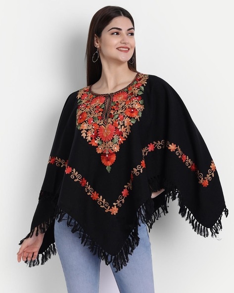 Floral Embroidered Poncho with Tassle Price in India