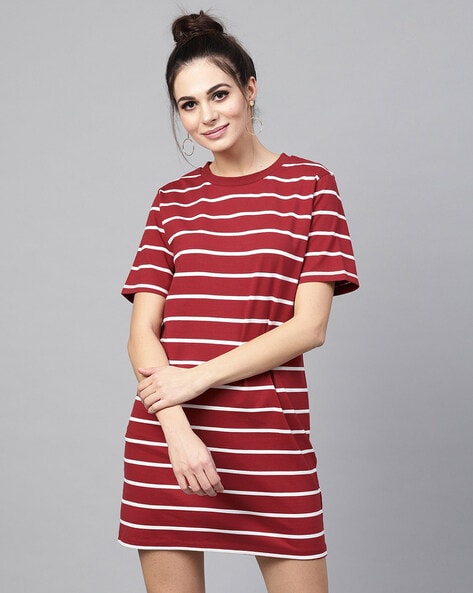 maroon and white striped t shirt dress