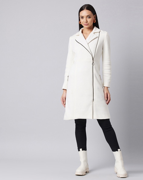 Women's Vayu Silver Brocade Long Jacket- White colour, Asymmetric Pane –  HEMANG AGRAWAL