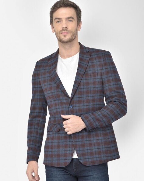 Men Navy Slim Fit Check Formal Blazer