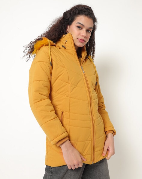 mustard puffer jacket with fur hood