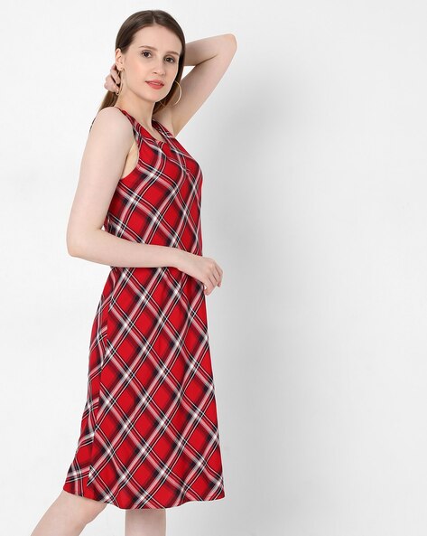Buy Janasya Red Check A Line Dress for Women's Online @ Tata CLiQ