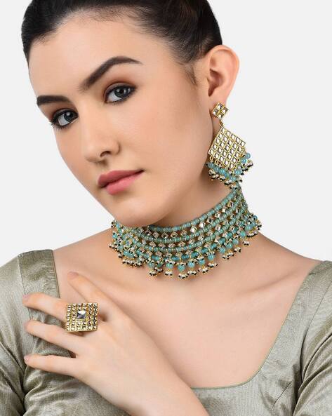 Buy Karatcart Kundan Mint Green Necklace Set with Earrings and Maangtikka  Online